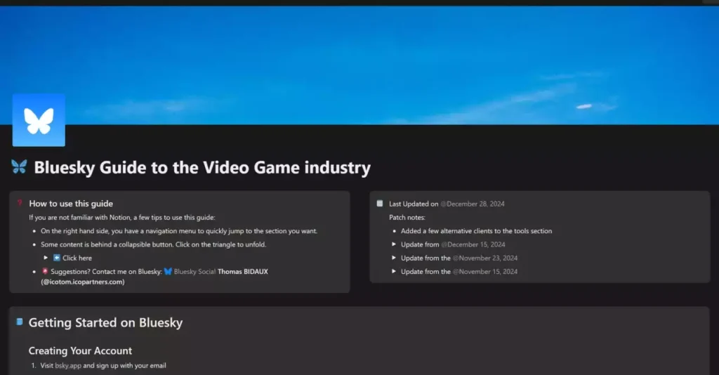 Page de garde d'un guide Notion dédié à l'industrie du jeu vidéo sur le réseau social Bluesky.