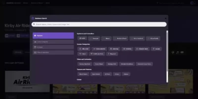 Menu de recherche avancée de Game UI Database permettant de filtrer les interfaces par type d'écran, style artistique, schéma de contrôle et accessibilité