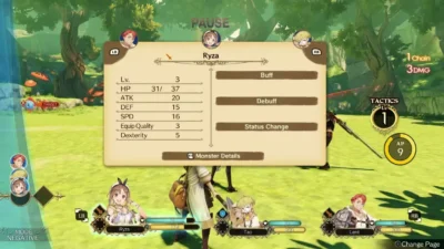 Interface d'un RPG japonais sur Game UI Database détaillant les menus de statistiques, de buffs et de combat, utile pour l'UI et l'UX design