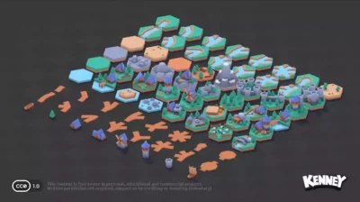 Tuiles hexagonales 3D modulaires pour le level design de cartes tactiques, incluant des forêts, montagnes et villages