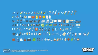 Large collection d'icônes 2D flat design représentant des outils, du matériel informatique, des consommables et des objets d'interface