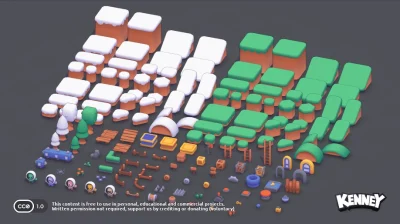 Modèles 3D d'environnement low-poly incluant des tuiles de terrain enneigées, des arbres et des éléments de village