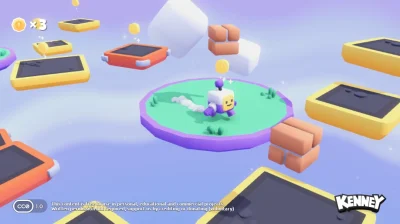 Scène de jeu de plateforme 3D montrant un personnage cubique collectant des pièces sur des plateformes colorées