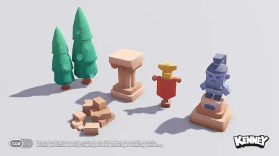 Assets 3D de décoration médiévale avec des sapins, une colonne antique, une bannière et une statue stylisée