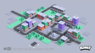 Ensemble de bâtiments urbains et de routes modulaires en low-poly pour la création de jeux de gestion citadine