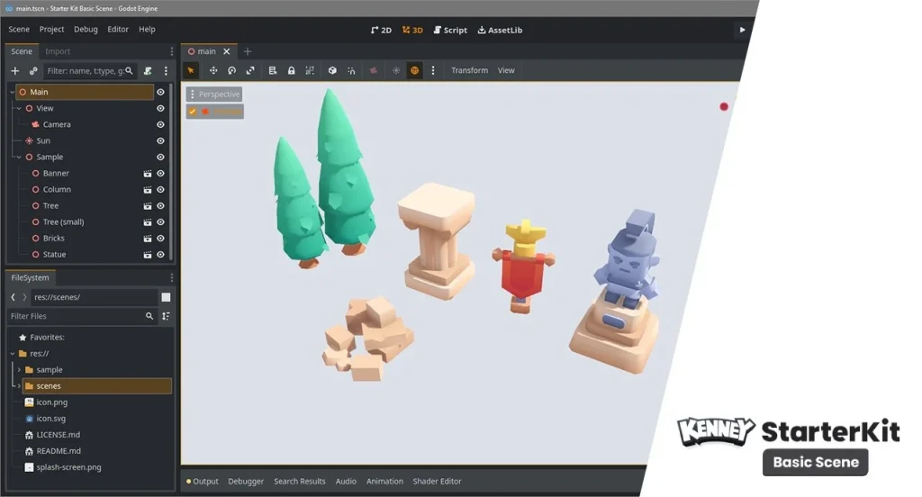 Interface du moteur Godot affichant un kit de démarrage Kenney avec des assets 3D low-poly de personnages, arbres et colonnes.