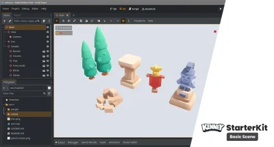 Interface du moteur Godot affichant un kit de démarrage Kenney avec des assets 3D low-poly de personnages, arbres et colonnes.
