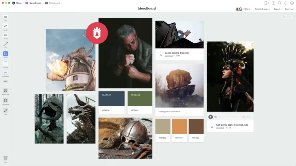 Exemple de moodboard visuel sur Milanote regroupant des références de personnages médiévaux, des palettes de couleurs et des fichiers audio.
