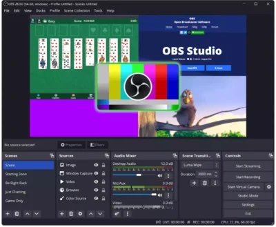 Interface du logiciel de capture et streaming OBS Studio montrant les différents mélangeurs audio et sources de scènes.