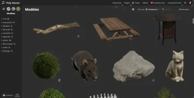 Sélection de modèles 3D incluant mobilier de jardin, rochers et animaux pour peupler des niveaux de jeu