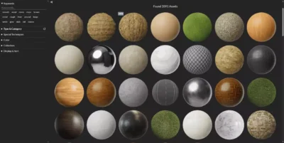 Grille de prévisualisation de matériaux PBR variés sur ambientCG incluant du bois, du métal et de la pierre