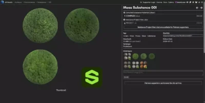 Page de téléchargement d'une substance de mousse sur ambientCG avec les options de fichiers SBSAR et paramètres procéduraux
