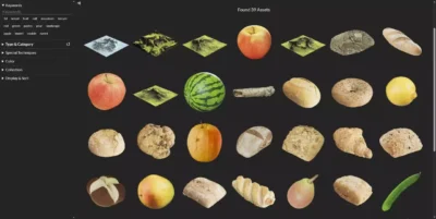 Bibliothèque d'assets 3D sur ambientCG montrant des modèles de nourriture optimisés pour le jeu vidéo