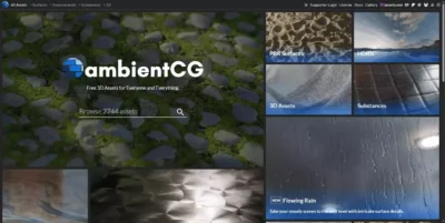 Interface d'accueil du site ambientCG présentant les catégories de textures PBR, HDRIs et assets 3D