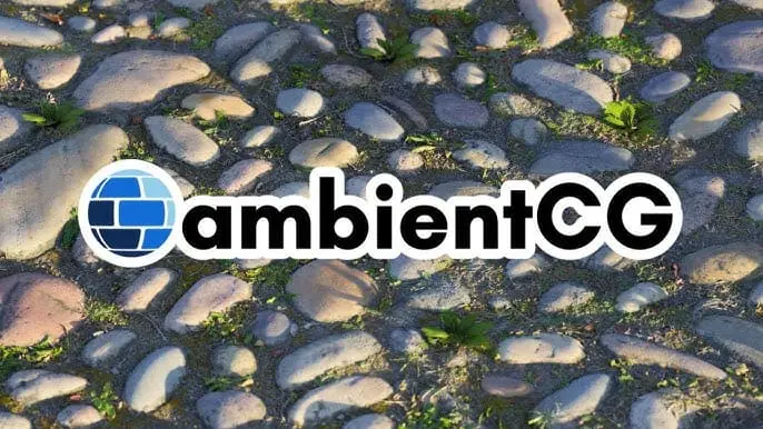 Logo officiel d'ambientCG superposé sur une texture de sol en pierre et mousse illustrant la qualité des assets