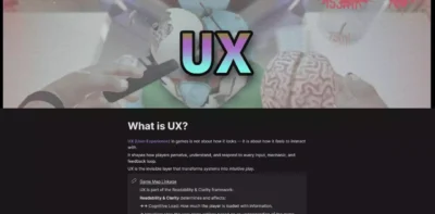 Aperçu d'une page Notion du Game Design Guide expliquant 'What is UX' (User Experience) pour aider les créateurs à améliorer l'ergonomie de leur jeu.