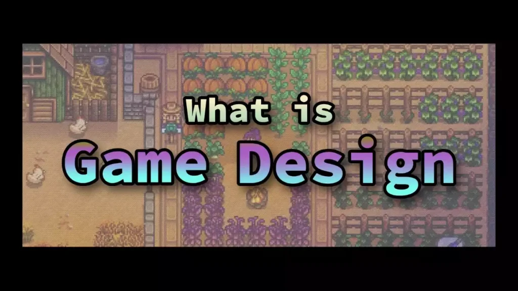 Capture d'écran du Game Design Guide avec le titre 'What is Game Design' sur un fond de jeu en pixel art, une ressource pédagogique pour apprendre les bases de la conception de jeux vidéo