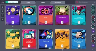 Interface de Codecks présentant des cartes de tâches organisées
