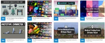 Page d'accueil du site CraftPix présentant diverses catégories d'assets 2D et 3D pour le développement de jeux