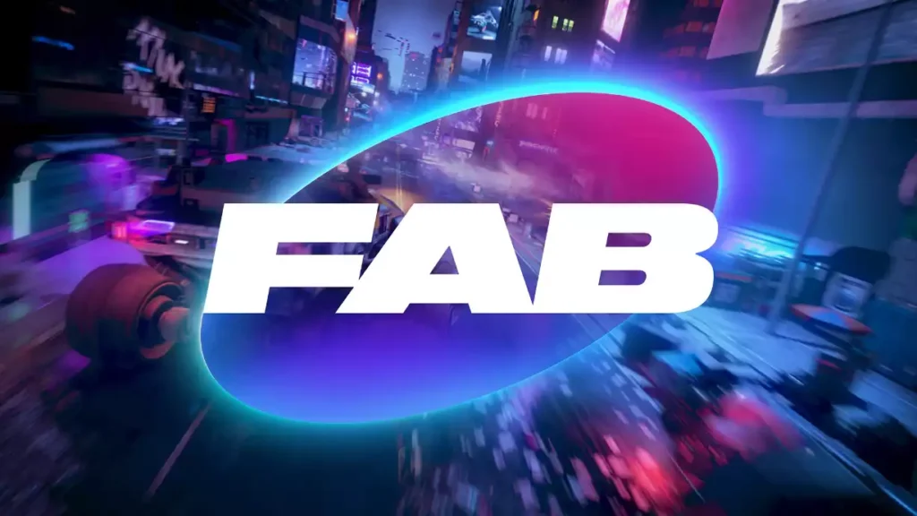 Logo promotionnel de Fab présentant un ovale dégradé rose et bleu sur un décor de ville nocturne.