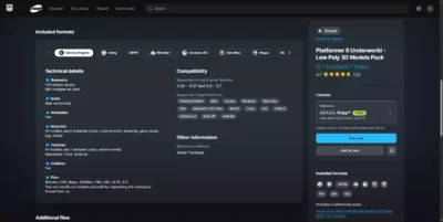 Spécifications techniques sur Fab détaillant la compatibilité moteur et les formats de fichiers pour un pack d'assets