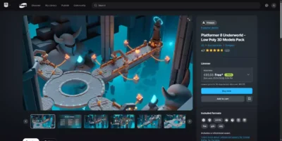 Aperçu d'un environnement de donjon low-poly sur Fab illustrant le rendu visuel d'un pack de modèles 3D