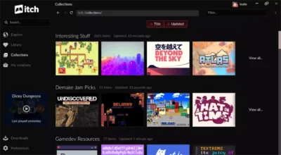 Interface sombre de l'application itch.io affichant différentes collections de jeux indépendants et de ressources gamedev