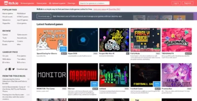 Page d'accueil du site itch.io présentant une sélection de jeux indépendants avec filtres par prix et tags