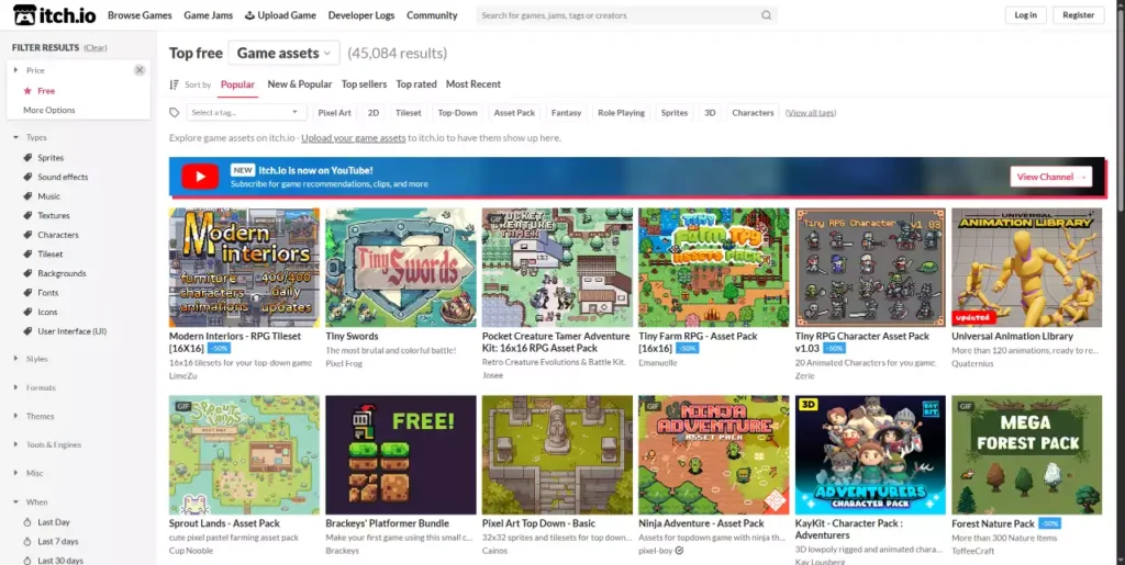 Interface de la section Game Assets d'itch.io filtrée sur les ressources gratuites pour les développeurs