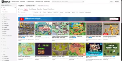 Interface de la section Game Assets d'itch.io filtrée sur les ressources gratuites pour les développeurs