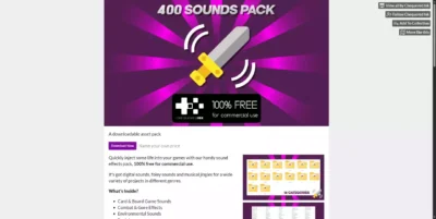 Page de présentation du pack 400 Sounds Pack de Chequered Ink proposant des bruitages gratuits