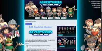 Détails du pack d'assets 3D KayKit Adventurers montrant des personnages stylisés en low-poly pour RPG