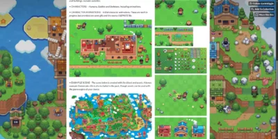 Exemple de scène et d'assets en pixel art pour un jeu de simulation de ferme type RPG