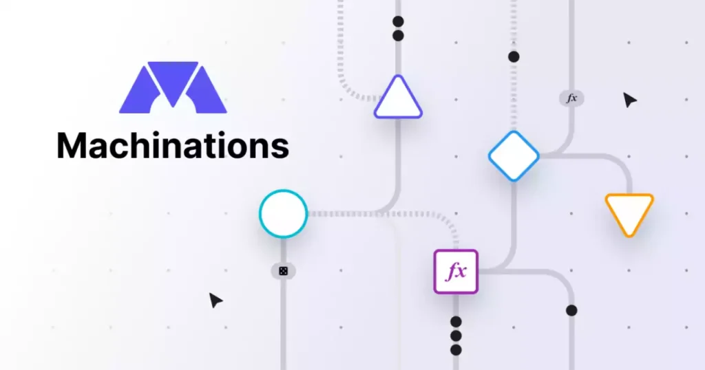 Tableau de bord Machinations illustrant des nœuds de ressources interconnectés pour modéliser des systèmes de jeu avec le logo