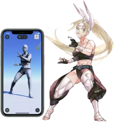 Comparaison entre une pose de mannequin 3D sur smartphone et son interprétation en concept art illustré