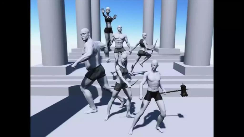Mise en scène complexe de plusieurs personnages 3D avec accessoires dans Magic Poser pour définir une composition artistique