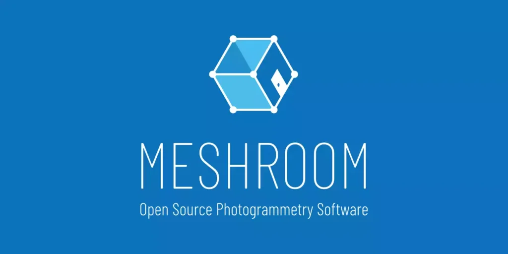 Logo officiel de Meshroom, logiciel de photogrammétrie open source, présentant un cube stylisé blanc sur fond bleu