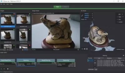 nterface utilisateur de Meshroom affichant le pipeline nodal, la galerie de photos sources et le modèle 3D d'une figurine