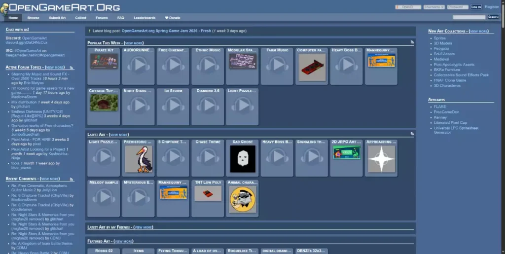 Interface du site OpenGameArt présentant les dernières ressources partagées, les thèmes de forums et les catégories d'assets