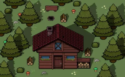 Scène de jeu en pixel art vue de dessus montrant une cabane en bois entourée de sapins et de champignons