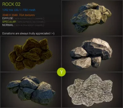 Fiche technique d'un asset 3D de rocher sur OpenGameArt détaillant le nombre de polygones et les textures PBR
