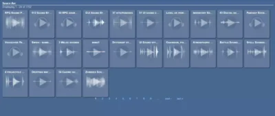 Bibliothèque de sons sur OpenGameArt affichant diverses formes d'onde audio pour des effets sonores de RPG et d'interface