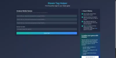 Interface de Steam Tag Helper affichant les outils de suggestion de tags pour optimiser la visibilité d'une page Steam