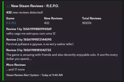 Notification Discord du système Steam Review Alert affichant les nouvelles évaluations reçues pour le jeu R.E.P.O.