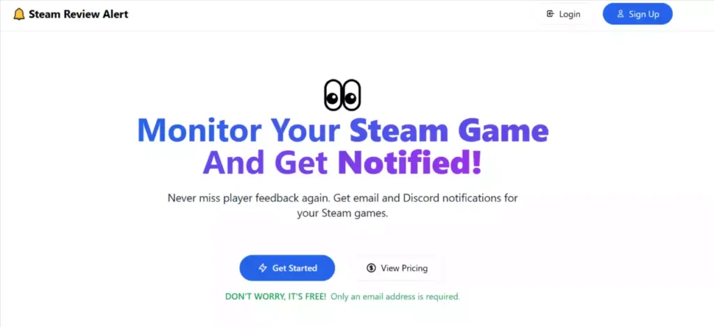 Page d'accueil du site Steam Review Alert présentant les options de notifications par email et Discord pour les développeurs