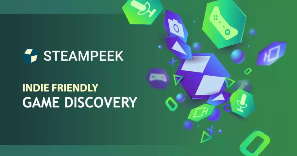 Logo promotionnel SteamPeek illustrant un outil indépendant de découverte de jeux vidéo sur fond vert
