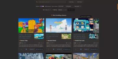 Interface de recherche SteamPeek affichant les nouvelles tendances avec des captures d'écran de jeux et leurs tags