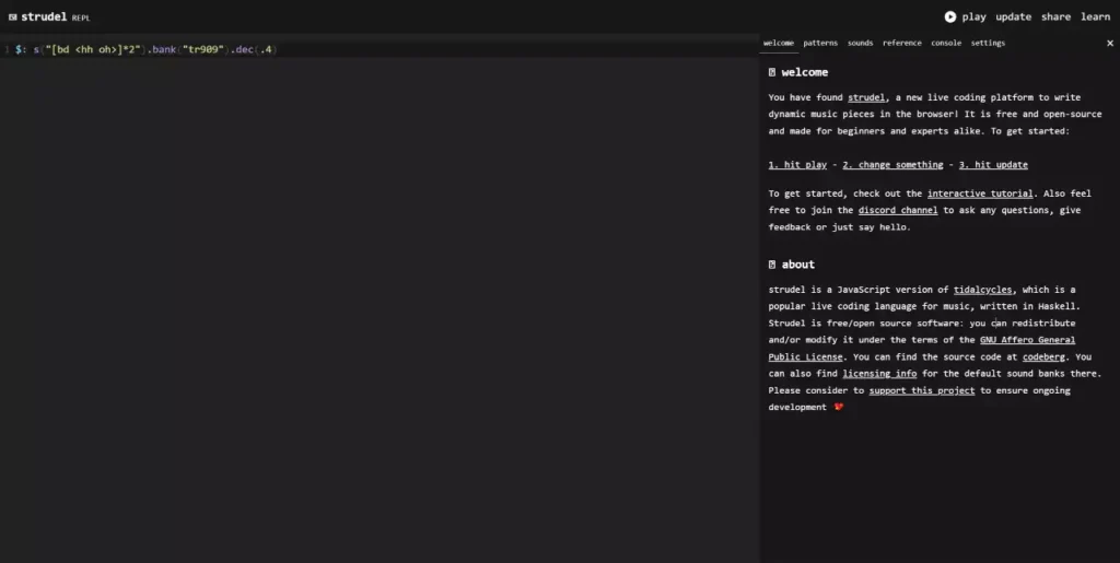 Interface sombre de l'éditeur Strudel REPL affichant du code JavaScript pour générer des rythmes sonores