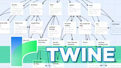 Aperçu du mode édition d'un passage Twine montrant le code et les liens d'une fiction interactive avec logo