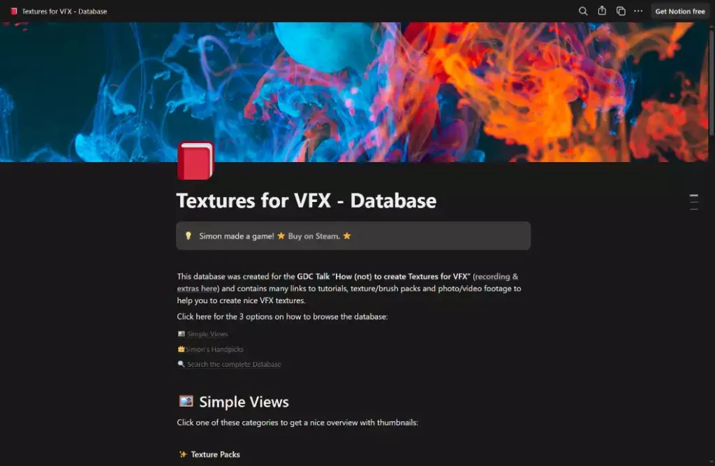 En-tête de la page Notion Textures for VFX Database présentant une bannière abstraite aux couleurs vives